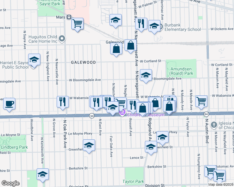 map of restaurants, bars, coffee shops, grocery stores, and more near 1720 North Nagle Avenue in Chicago