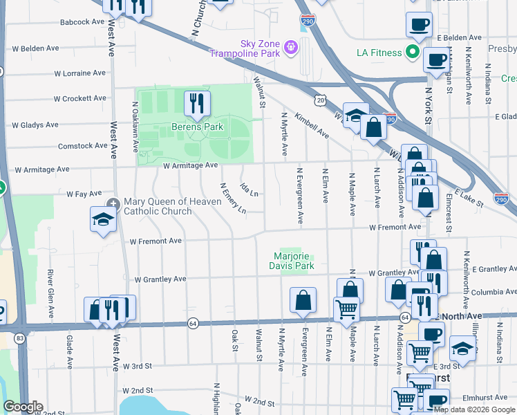 map of restaurants, bars, coffee shops, grocery stores, and more near 431 North Emery Lane in Elmhurst
