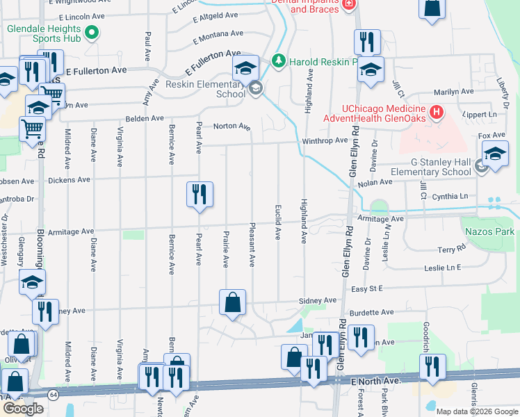map of restaurants, bars, coffee shops, grocery stores, and more near 2N447 Pleasant Avenue in Glen Ellyn