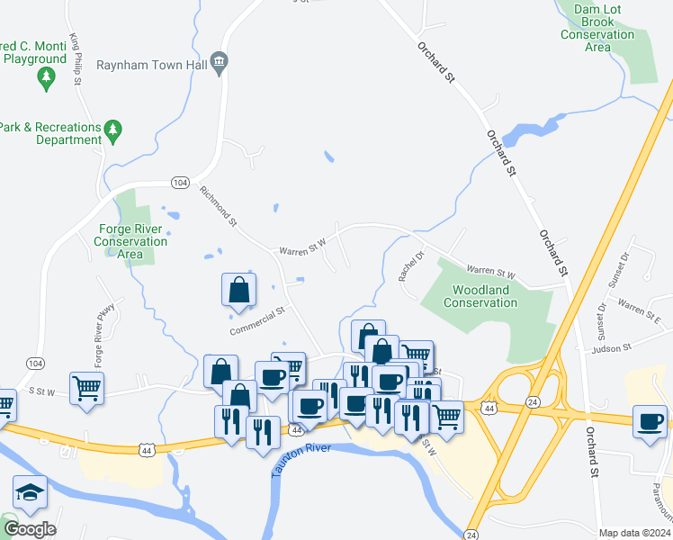map of restaurants, bars, coffee shops, grocery stores, and more near 75U19 Warren Street West in Raynham