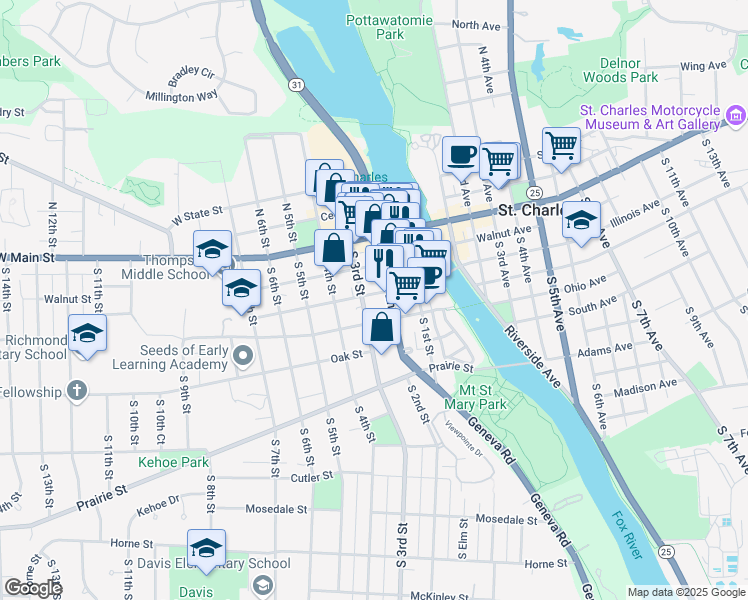 map of restaurants, bars, coffee shops, grocery stores, and more near 211 Illinois Street in St. Charles