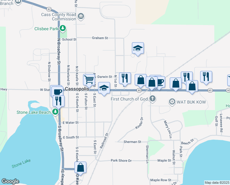 map of restaurants, bars, coffee shops, grocery stores, and more near 612 East State Street in Cassopolis