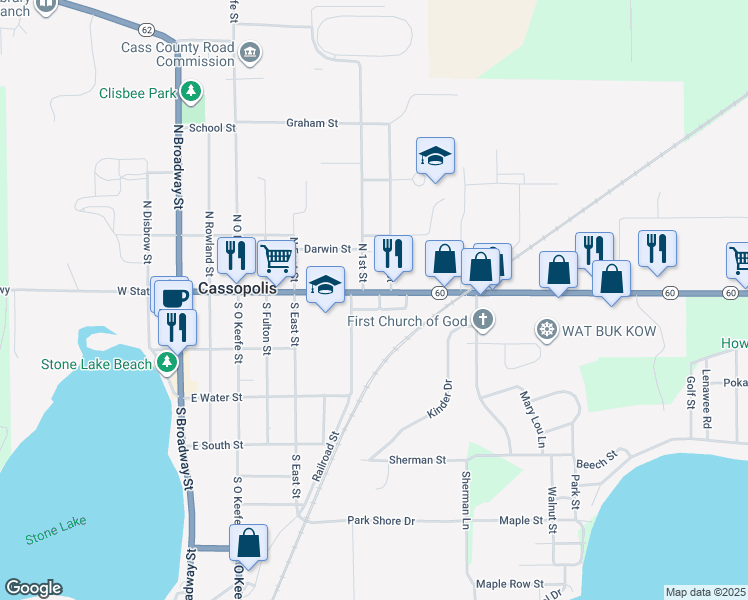 map of restaurants, bars, coffee shops, grocery stores, and more near 612 East State Street in Cassopolis