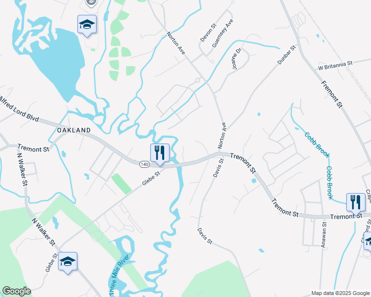 map of restaurants, bars, coffee shops, grocery stores, and more near 241 Tremont Street in Taunton
