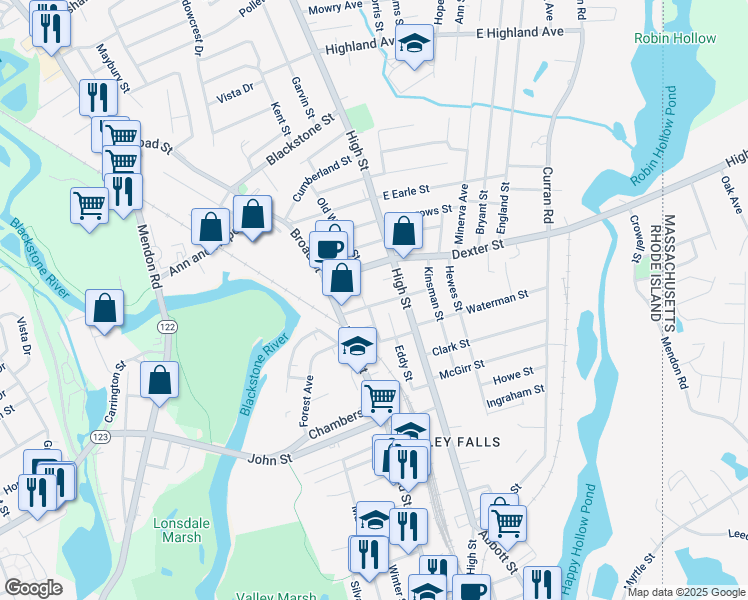 map of restaurants, bars, coffee shops, grocery stores, and more near 17 Pleasant Street in Cumberland
