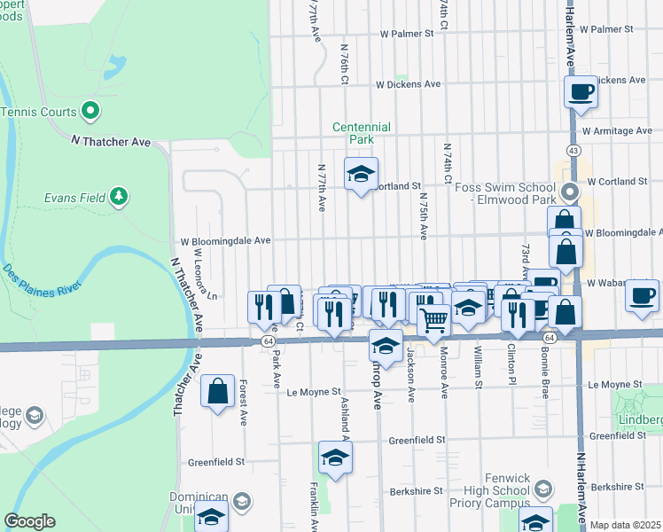 map of restaurants, bars, coffee shops, grocery stores, and more near 1723 North 77th Avenue in Elmwood Park