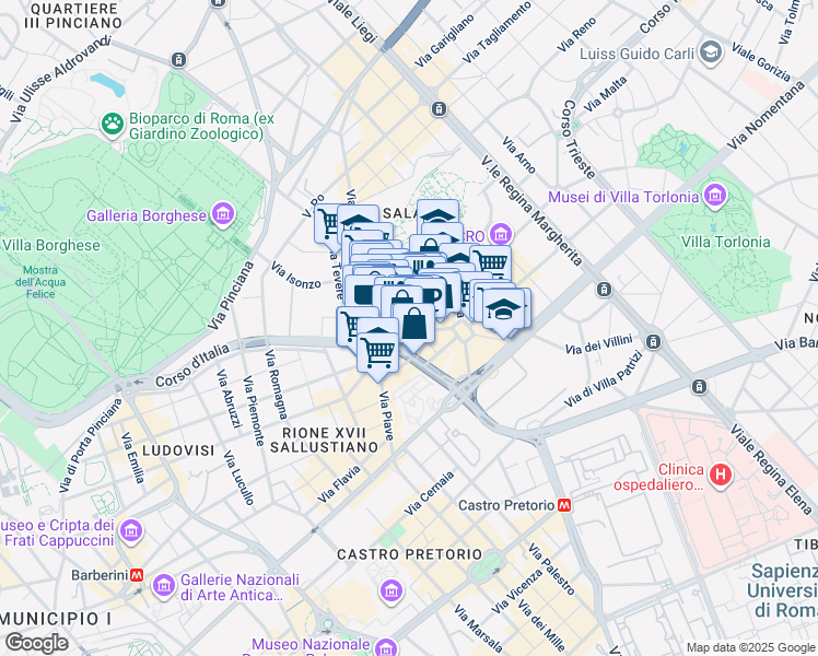 map of restaurants, bars, coffee shops, grocery stores, and more near 17 Via Bergamo in Roma