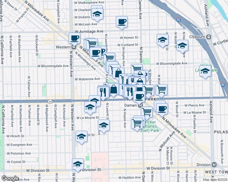 map of restaurants, bars, coffee shops, grocery stores, and more near 2134 West Concord Place in Chicago
