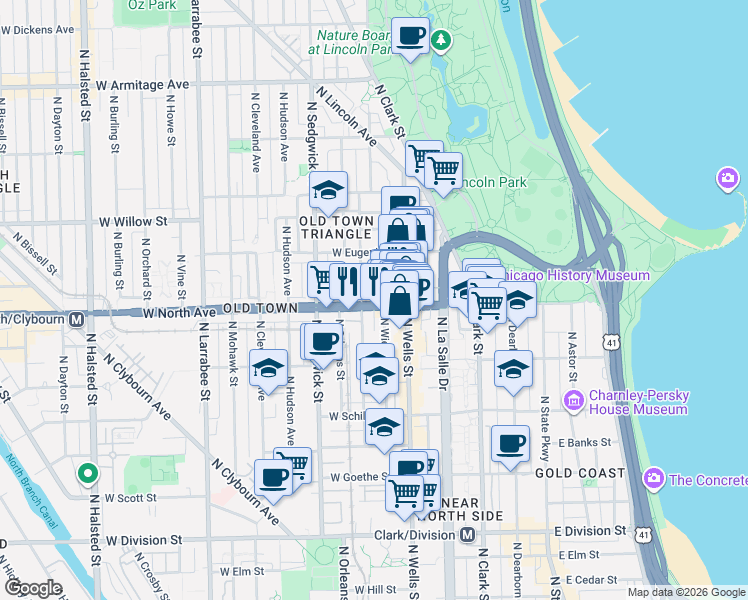 map of restaurants, bars, coffee shops, grocery stores, and more near 234 West North Avenue in Chicago