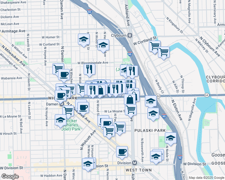 map of restaurants, bars, coffee shops, grocery stores, and more near 1624 North Paulina Street in Chicago