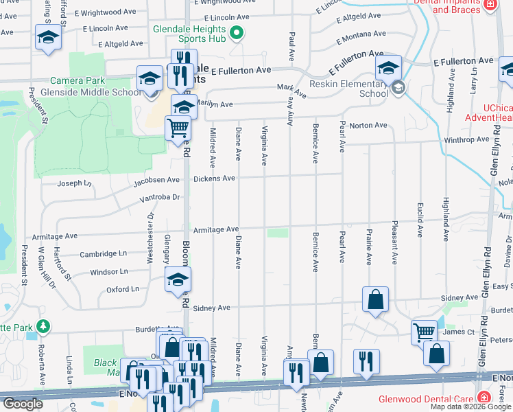 map of restaurants, bars, coffee shops, grocery stores, and more near 2N448 Virginia Avenue in Glendale Heights