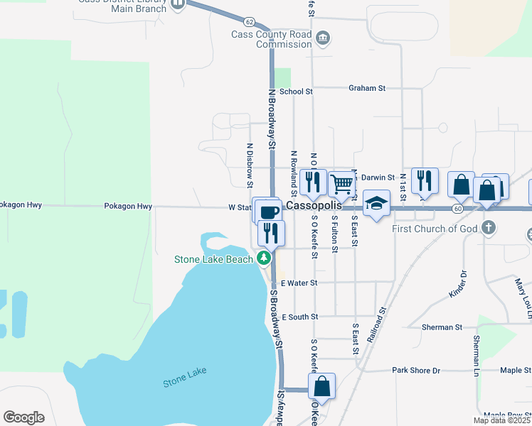 map of restaurants, bars, coffee shops, grocery stores, and more near 104 South Broadway Street in Cassopolis