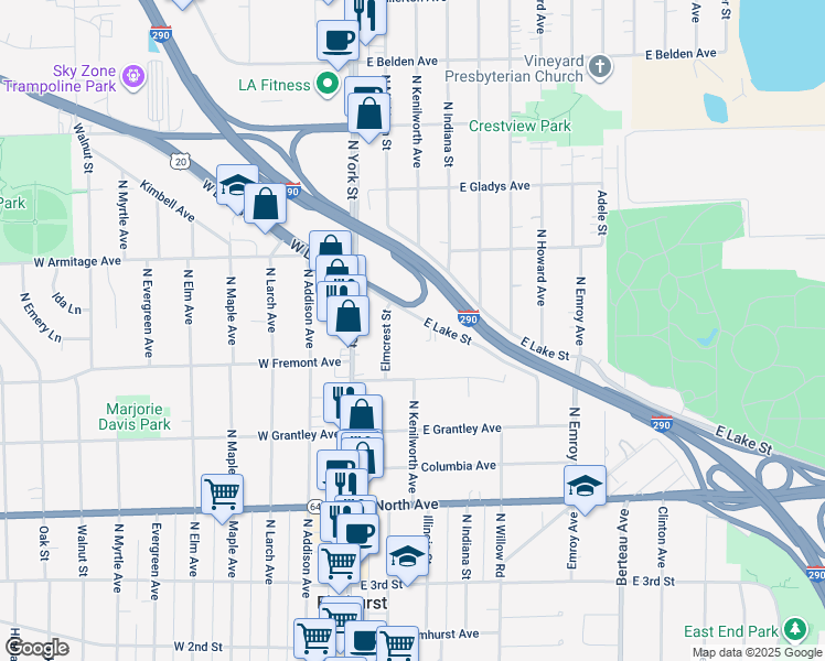 map of restaurants, bars, coffee shops, grocery stores, and more near 160 East Lake Street in Elmhurst
