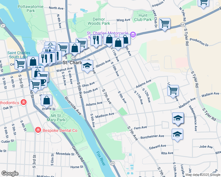 map of restaurants, bars, coffee shops, grocery stores, and more near 804 Washington Avenue in St. Charles