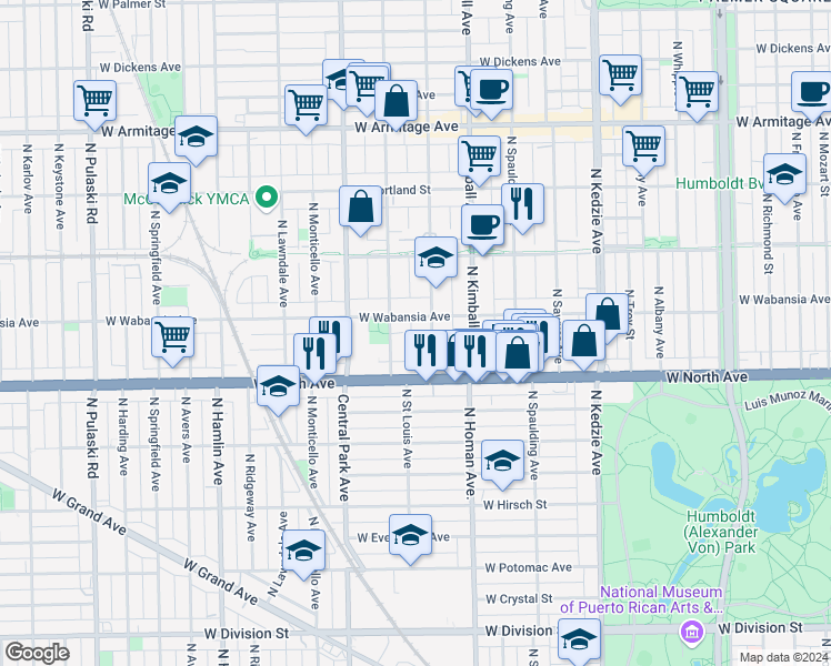 map of restaurants, bars, coffee shops, grocery stores, and more near 1642 North Saint Louis Avenue in Chicago