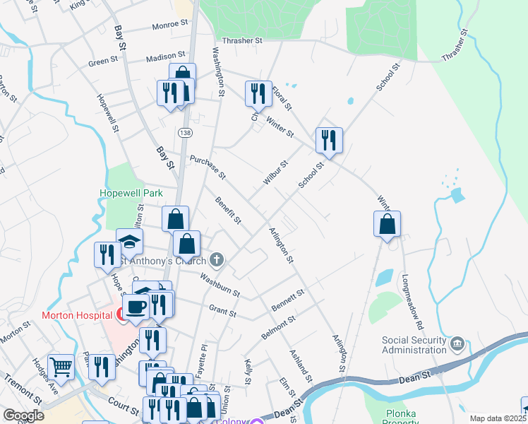 map of restaurants, bars, coffee shops, grocery stores, and more near 5 Purchase Street in Taunton