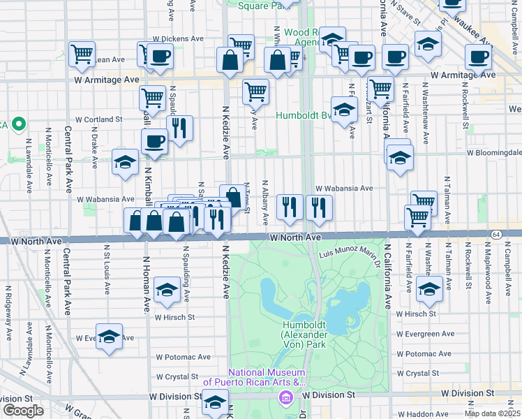 map of restaurants, bars, coffee shops, grocery stores, and more near 1640 North Albany Avenue in Chicago
