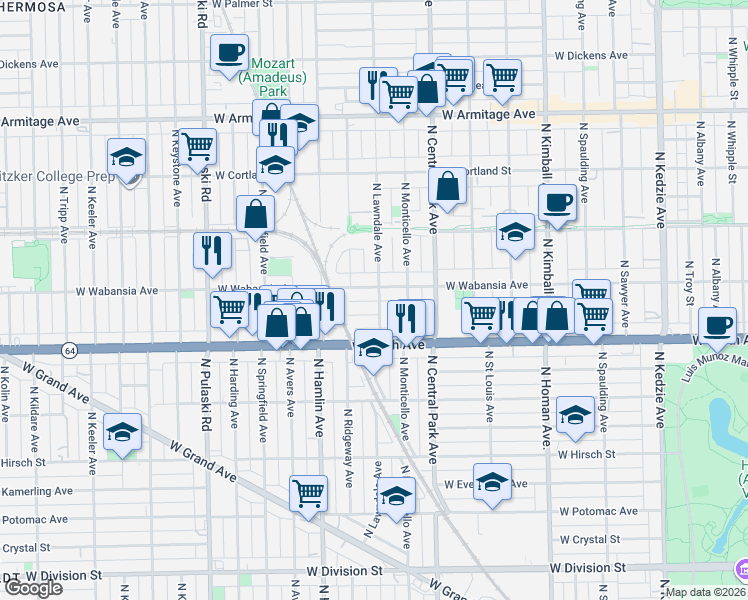 map of restaurants, bars, coffee shops, grocery stores, and more near 3651 West Wabansia Avenue in Chicago