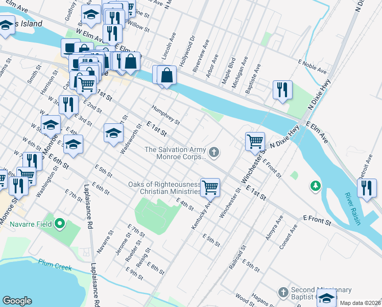 map of restaurants, bars, coffee shops, grocery stores, and more near 702 East 1st Street in Monroe