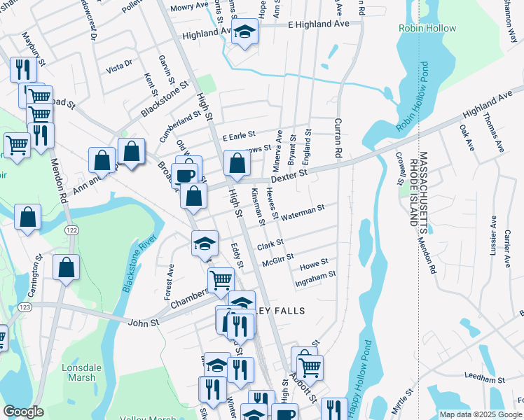 map of restaurants, bars, coffee shops, grocery stores, and more near 24 Kinsman Street in Cumberland