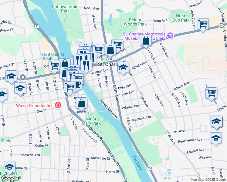 map of restaurants, bars, coffee shops, grocery stores, and more near 403 South 5th Avenue in St. Charles