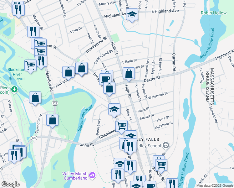 map of restaurants, bars, coffee shops, grocery stores, and more near 17 Pleasant Street in Cumberland