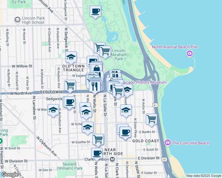 map of restaurants, bars, coffee shops, grocery stores, and more near 1609 North LaSalle Drive in Chicago