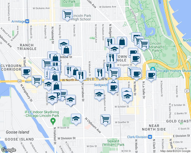 map of restaurants, bars, coffee shops, grocery stores, and more near 1615 North Mohawk Street in Chicago