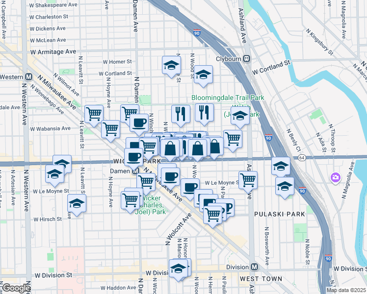 map of restaurants, bars, coffee shops, grocery stores, and more near 1629 North Honore Street in Chicago