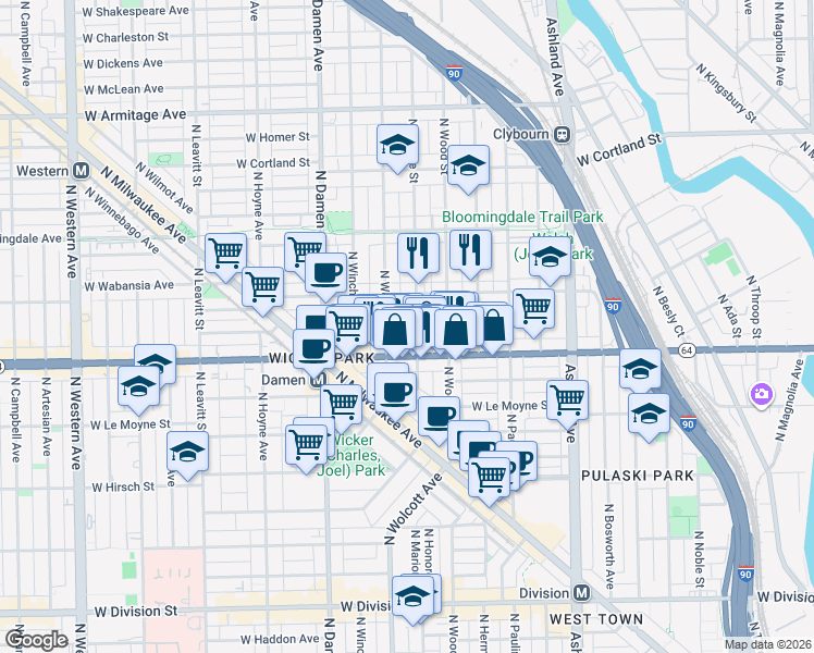 map of restaurants, bars, coffee shops, grocery stores, and more near 1629 North Honore Street in Chicago