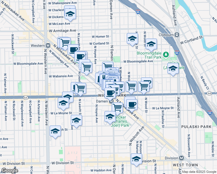 map of restaurants, bars, coffee shops, grocery stores, and more near 2007 West Concord Place in Chicago