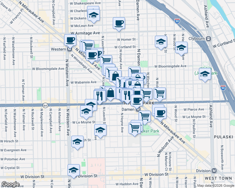 map of restaurants, bars, coffee shops, grocery stores, and more near 2124 West Concord Place in Chicago