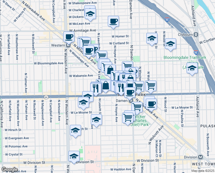 map of restaurants, bars, coffee shops, grocery stores, and more near 2124 West Concord Place in Chicago