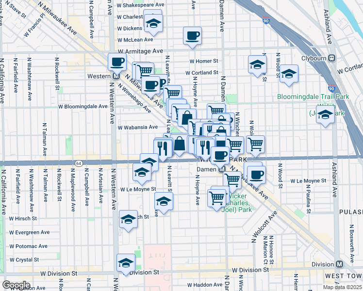 map of restaurants, bars, coffee shops, grocery stores, and more near 2124 West Concord Place in Chicago