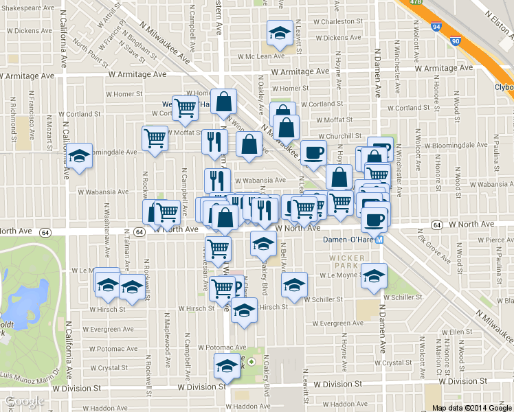map of restaurants, bars, coffee shops, grocery stores, and more near 1635 North Claremont Avenue in Chicago