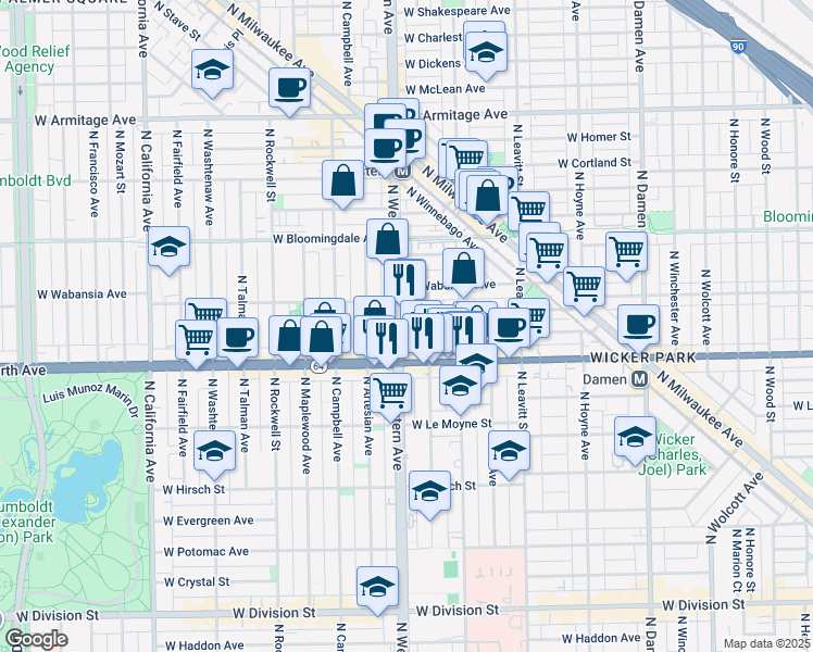 map of restaurants, bars, coffee shops, grocery stores, and more near 1635 North Western Avenue in Chicago
