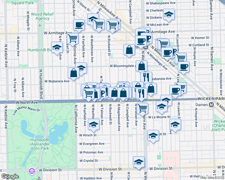 map of restaurants, bars, coffee shops, grocery stores, and more near 1645 North Rockwell Street in Chicago