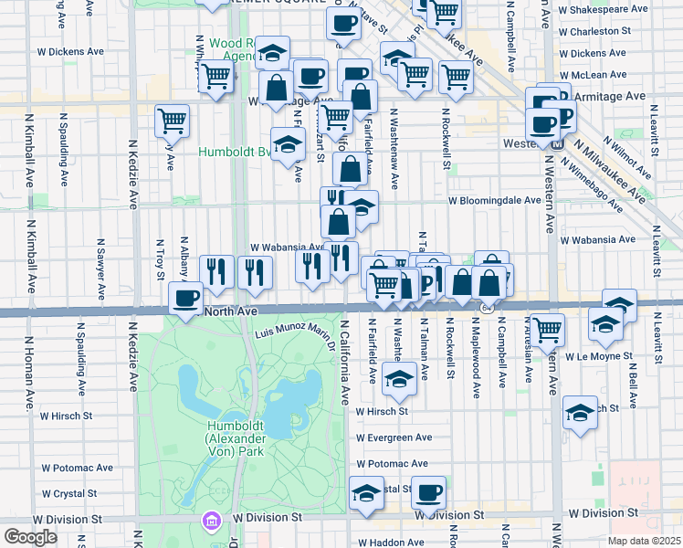 map of restaurants, bars, coffee shops, grocery stores, and more near 1638 North California Avenue in Chicago