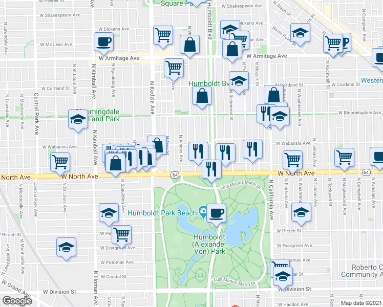 map of restaurants, bars, coffee shops, grocery stores, and more near 1644 North Whipple Street in Chicago