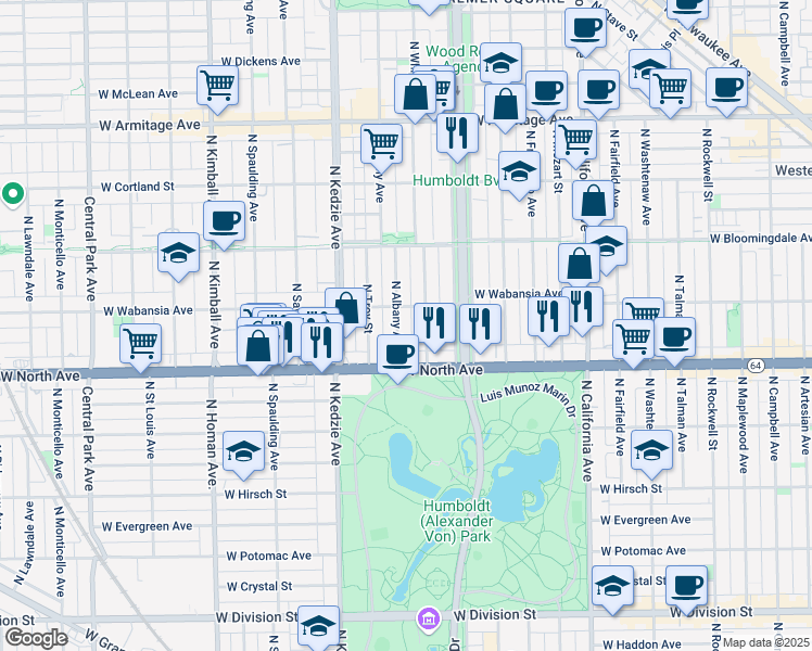 map of restaurants, bars, coffee shops, grocery stores, and more near 1644 North Whipple Street in Chicago