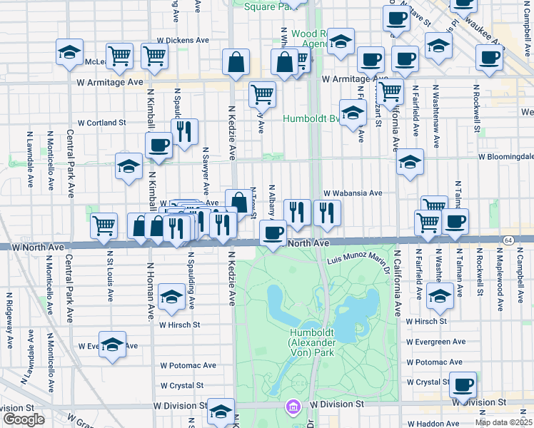map of restaurants, bars, coffee shops, grocery stores, and more near in Chicago