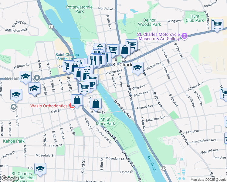 map of restaurants, bars, coffee shops, grocery stores, and more near 316 South 3rd Avenue in St. Charles