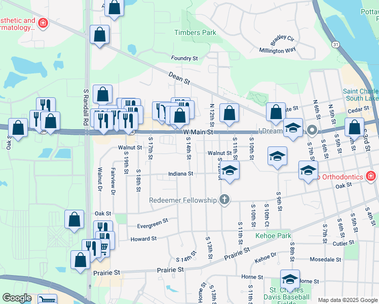 map of restaurants, bars, coffee shops, grocery stores, and more near 1405 West Main Street in St. Charles