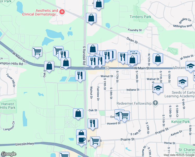 map of restaurants, bars, coffee shops, grocery stores, and more near 120 Walnut Drive in St. Charles