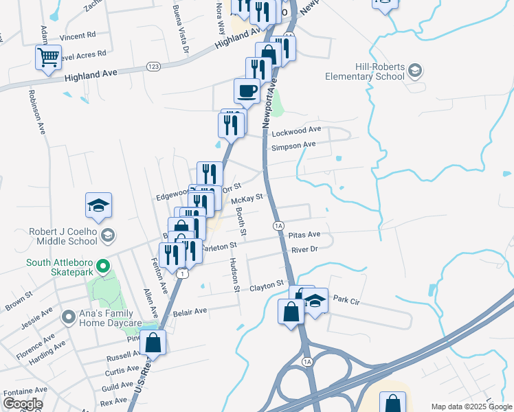 map of restaurants, bars, coffee shops, grocery stores, and more near 60 Slocum Street in Attleboro