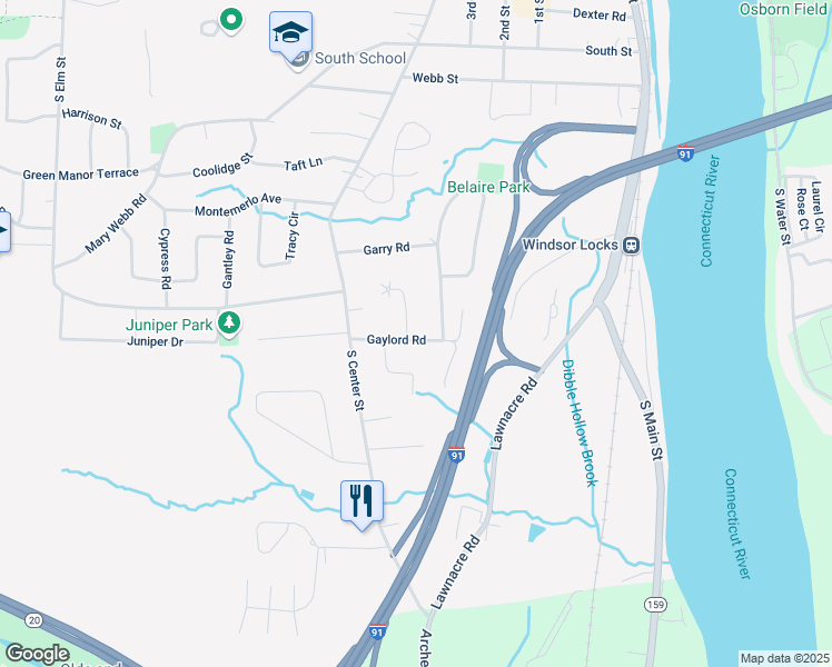 map of restaurants, bars, coffee shops, grocery stores, and more near 32 Gaylord Road in Windsor Locks