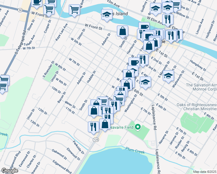 map of restaurants, bars, coffee shops, grocery stores, and more near 707 Harrison Street in Monroe