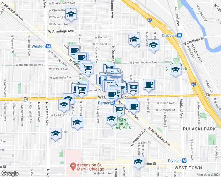 map of restaurants, bars, coffee shops, grocery stores, and more near 2013 West Concord Place in Chicago