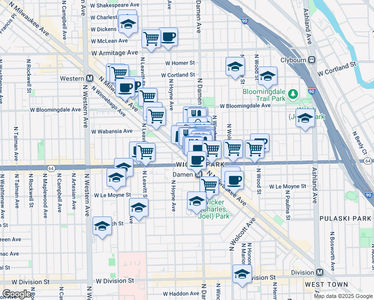 map of restaurants, bars, coffee shops, grocery stores, and more near 2007 West Concord Place in Chicago