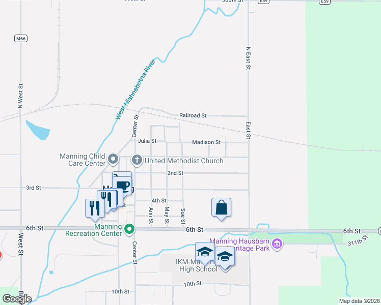 map of restaurants, bars, coffee shops, grocery stores, and more near 339 1st St in Manning